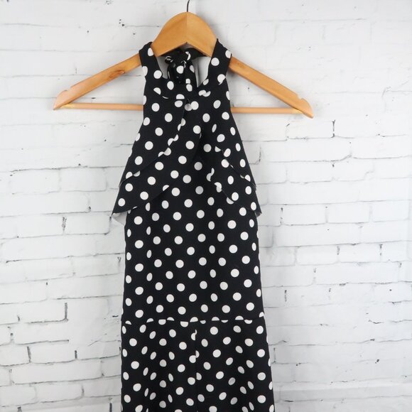 BEBE BLACK & WHITE POLKA DOT HIGH NECK HALTER RUFFLE WIDE LEG JUMPSUIT SIZE 10 - Picture 6 of 10